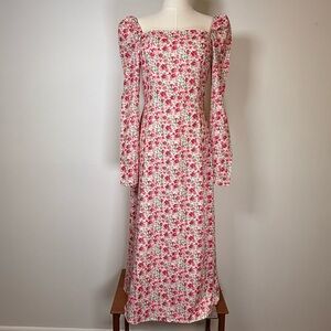 To My Lovers Floral Print Midi Dress Puff Sleeve Square Neck Womens Size Medium